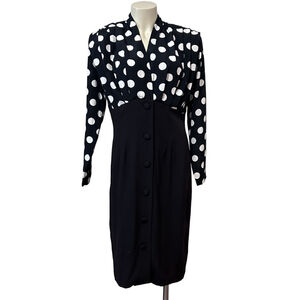 P.J. Klein 50s Style Black White Polka Dot Dress M Rayon Button Front